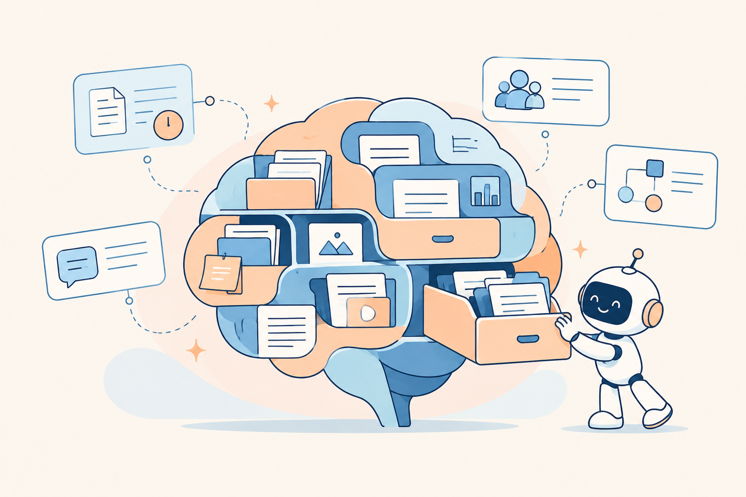 Illustration of an organized brain made of drawers, folders and documents, with an AI agent retrieving organizational knowledge.