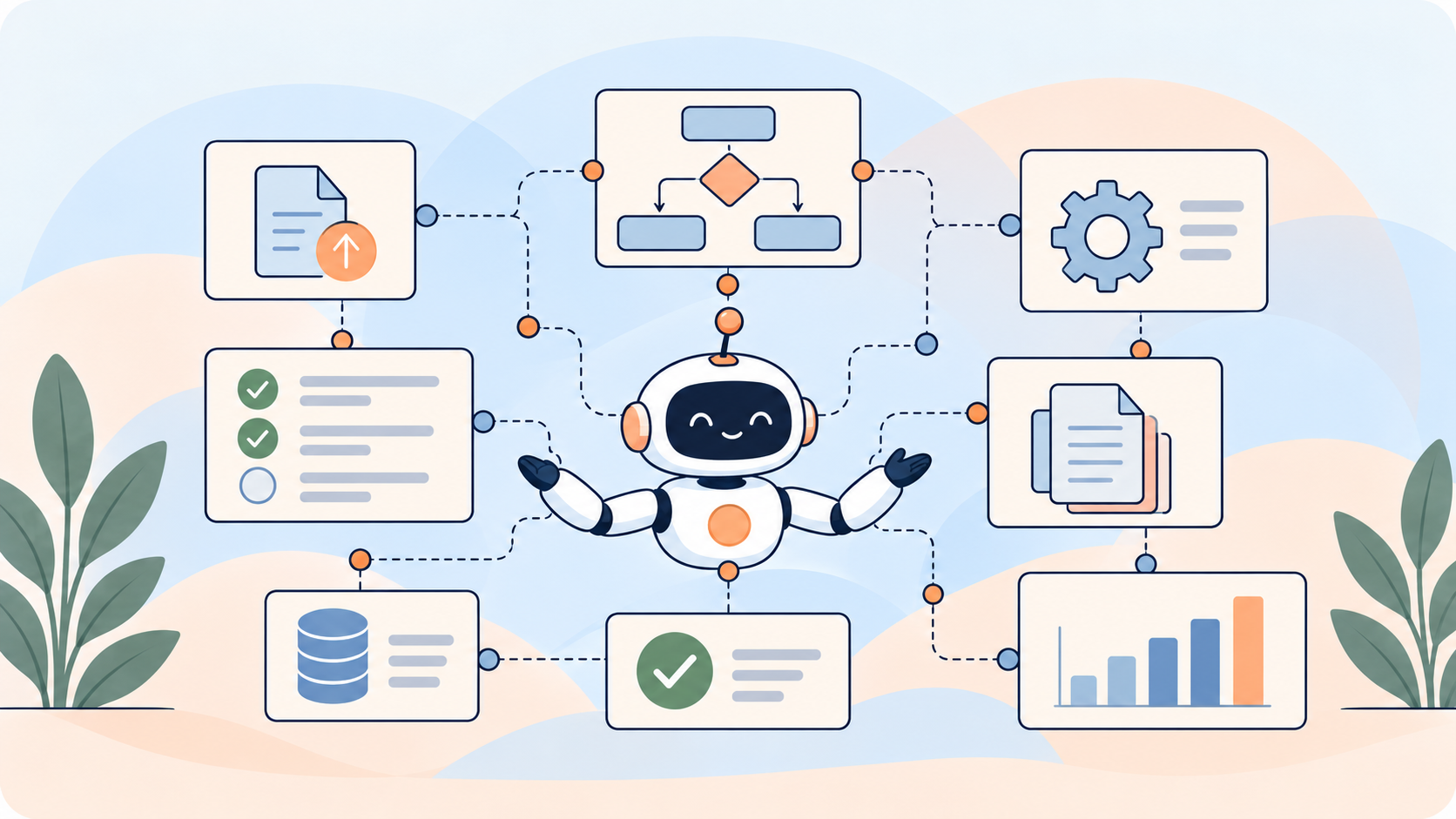Illustration of an AI agent at the center of an orchestrated workflow, connected to documents, checks, data, systems and a flowchart — with no human figures.