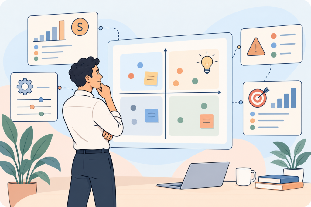 Illustration of a manager considering an AI project prioritization matrix with business value, cost, complexity and risk indicators.