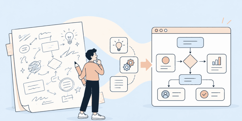 Illustration of a person with a pencil beside a sheet of informal sketches, and the same thinking resolved into a clean structured workflow diagram.